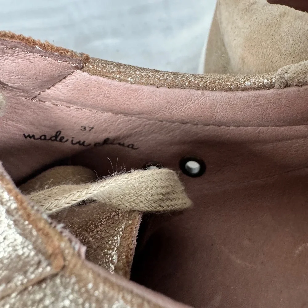 Joie Gold Leather Sneakers Lace Up‎ Sparkly Metallic Comfort Glam 37